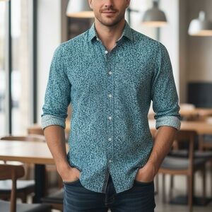 Michael Kors 100% Cotton Slim Fit Button Down Teal Blue Abstract Print Eclectic